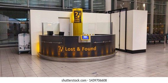 Amsterdam, Netherlands - June 30 2019: Empty Lost And Found Desk At Schiphol Airport.  