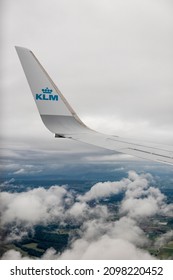 Amsterdam, Netherlands - June 5, 2021: KLM - Royal Dutch Airlines after taking off from Amsterdam Airport Schiphol with the KLM logo on the wing.