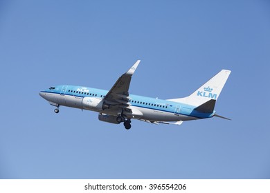 AMSTERDAM, THE NETHERLANDS - MARCH, 13. The KLM Boeing 737-7K2 with identification PH-BGE takes off at Amsterdam Airport Schiphol (The Netherlands, AMS), Polderbaan on March 13, 2016.