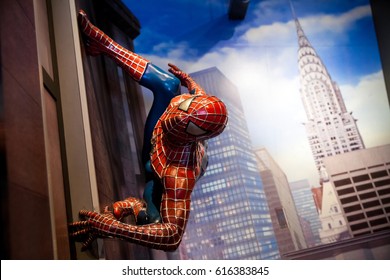 Amsterdam, Netherlands - March, 2017: Spiderman Marvel comics in Madame Tussauds Wax museum in Amsterdam, Netherlands