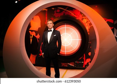 Amsterdam, Netherlands - March, 2017: Wax figure of Daniel Craig as James Bond 007 agent in Madame Tussauds Wax museum in Amsterdam, Netherlands