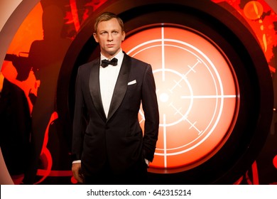 Amsterdam, Netherlands - March, 2017: Wax figure of Daniel Craig as James Bond 007 agent in Madame Tussauds Wax museum in Amsterdam, Netherlands