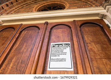 Amsterdam, Netherlands - March 22, 2020: The Closed Paradiso Music Venue. As Of March 12 2020, The Dutch Government Mandated The Closure Of Public Places To Avoid The Spread Of The Coronavirus.