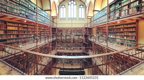 Amsterdam, Netherlands - May 2018: A shot\
of the Rijksmuseum Research Library, which is the largest public\
art history research library in the Netherlands.\
