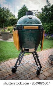 Amsterdam, The Netherlands - May 2021: Close Up Image Of The Big Size The Green Egg Outdoor Barbecue. Very Popular Ceramic Bbq Large The Green Egg. 
