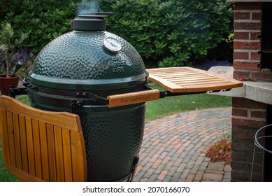 Amsterdam, The Netherlands - May 2021: Close Up Image Of The Big Size The Green Egg Outdoor Barbecue. Very Popular Ceramic Bbq Large The Green Egg. 
