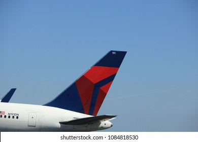 Amsterdam The Netherlands - May 4th 2018: N191DN Delta Air Lines Boeing 767-300 Takeoff From Polderbaan Runway, Amsterdam Airport Schiphol, Detail Of Tail