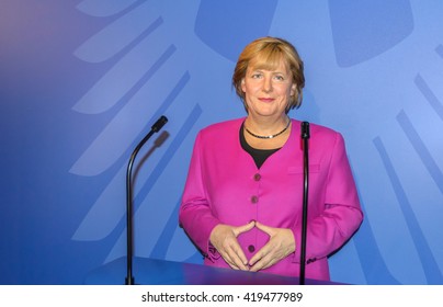AMSTERDAM, NETHERLANDS - May 5, 2016: Angela Merkel, German cancelloe,  model  at the Amsterdam Madame Tussauds wax museum. 