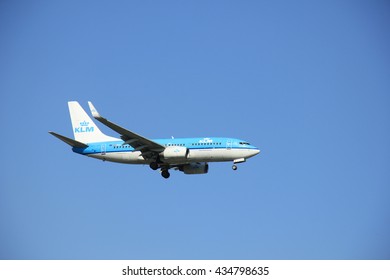Amsterdam the Netherlands - May, 6th 2016: PH-BGE KLM Royal Dutch Airlines Boeing 737  approaching Schiphol Polderbaan runway, arriving from Copenhagen, Danmark