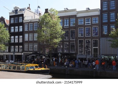 Amsterdam, Netherlands- May 8, 2022: Prinsengracht with Anne Frank House in Amsterdam, Netherlands