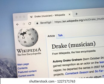 Amsterdam, The Netherlands - November 11, 2018: Wikipedia Page About Drake, A Canadian Rapper, Singer And Songwriter.