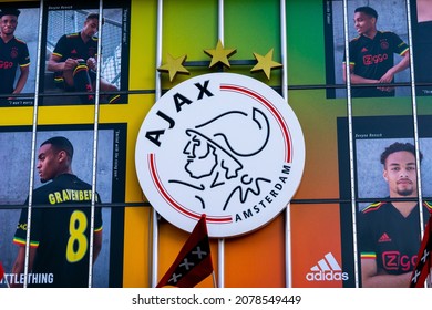 Amsterdam, The Netherlands - November 21, 2021: Ajax Amsterdam logo at the Johan Cruyff Arena  