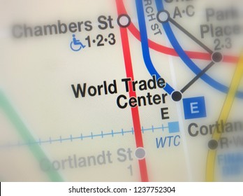 Amsterdam, Netherlands - November 22, 2018: Map Of World Trade Center Subway Or Metro Station New York City (selective Focus).