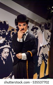 AMSTERDAM, NETHERLANDS - OCT 26, 2016: Sir Charles Spencer Charlie Chaplin, an English comic actor, filmmaker, Madame Tussauds wax museum in Amsterdam. One of the popular touristic attractions