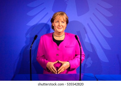 AMSTERDAM, NETHERLANDS - OCT 26, 2016: Angela Merkel, German cancelloe, Madame Tussauds wax museum in Amsterdam. One of the popular touristic attractions