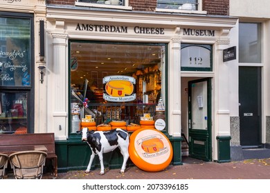 Amsterdam, the Netherlands - October 17, 2021: Front view of Amsterdam Cheese Museum, a cheese shop in Amsterdam, the capital of the Netherlands.