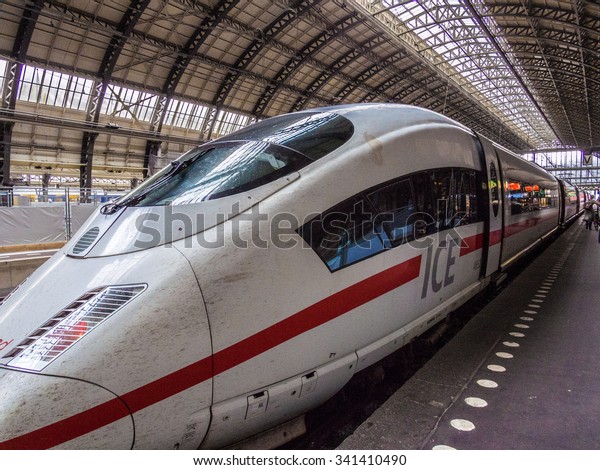 AMSTERDAM, NETHERLANDS - SEP 2: ICE trains at\
Amsterdam Centraal Station in Netherlands on September 2, 2013. ICE\
is a system of high-speed trains running in Germany and its\
surrounding\
countries.