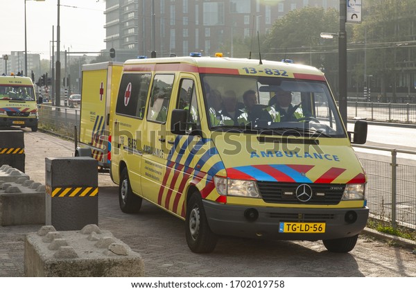 AMSTERDAM, NETHERLANDS -\
Sep 24, 2011: Dutch ambulance with trailer during a disaster\
exercise in\
Amsterdam