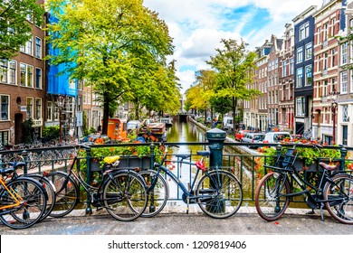 Amsterdam, the Netherlands - Sept 28, 2018: Historic Gable Houses along the Bloemgracht viewed from the Tweede Leliedwarsstreet Bridge in the historic Jordaan district in the old center of Amsterdam 