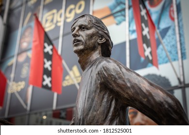 Amsterdam, Netherlands, September 10 2020 Statue in front of the Ajax stadium of soccer legend Johan Cruyff. This statue is fully funded by fanatic Ajax fans and is located in front of the Ajax Store