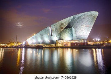 Amsterdam, Netherlands - September 27, 2017: NEMO Science Center Of Amsterdam. Maritime Museum Near Amsterdam Central Station. Futurist Building.