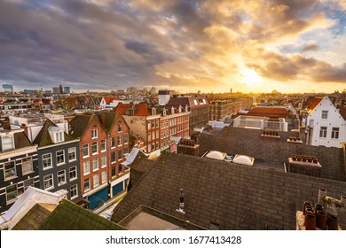 Amsterdam, Netherlands View Of The Cityscape From De Pijp At Dusk.