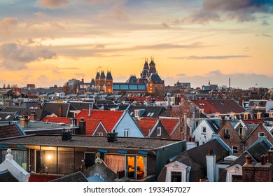 Amsterdam; Netherlands View Of The Cityscape From De Pijp At Dusk.