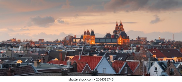 Amsterdam, Netherlands View Of The Cityscape From De Pijp At Dusk.