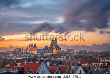 Amsterdam; Netherlands view of the cityscape from De Pijp at dusk.