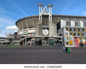 Amsterdam, North Holland, Netherlands- May 21, 2022: Facade of Johan Cruijff Arena. It is Amsterdam Ajax home games stadium. Football, soccer club logo. Main, front entrance.