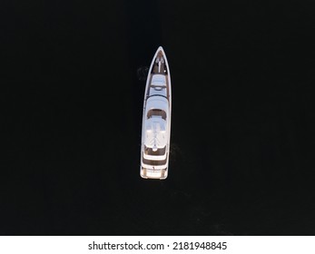 Amsterdam Oostenburg, 17th Of June 2022, The Netherlands. Luxury Leisure Motor Yacht Marine Cruise Sea Ship Overhead Top Down Aerial Drone View. Motorized Recreational Mega Transport Vessel Boat.