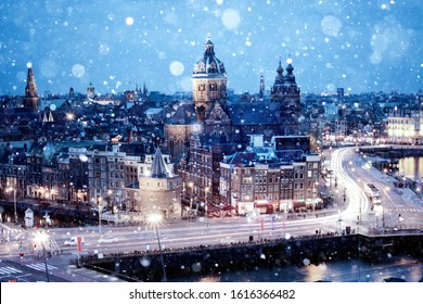 Amsterdam skyline, capital of the Netherlands, in winter with snowfall