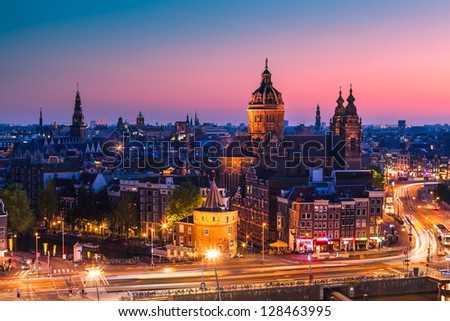 Amsterdam skyline shortly after sunset (the Netherlands)