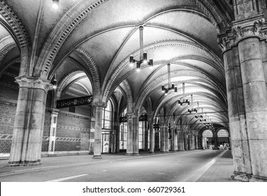 Amsterdam At Summer Black-white Photo. Famous National Rijks Museum General View.