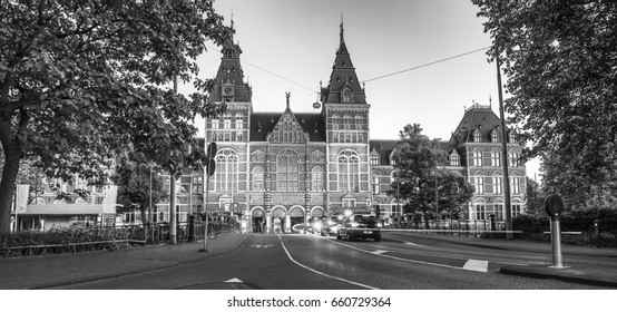 Amsterdam At Summer Black-white Photo. Famous National Rijks Museum General View.