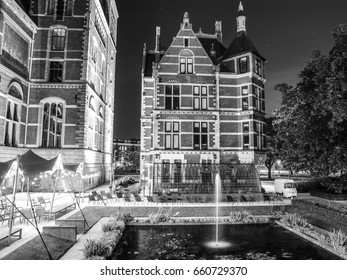 Amsterdam At Summer Black-white Photo. Famous National Rijks Museum General View.