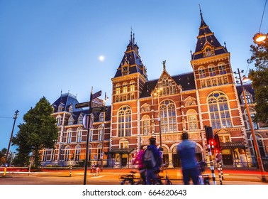 Amsterdam At Summer Night. Famous National Rijks Museum General View.