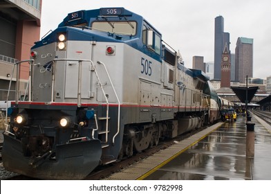 Amtrak Passenger Train Loading In Seattle, Wa