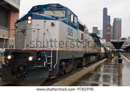 Amtrak passenger train loading in Seattle, Wa