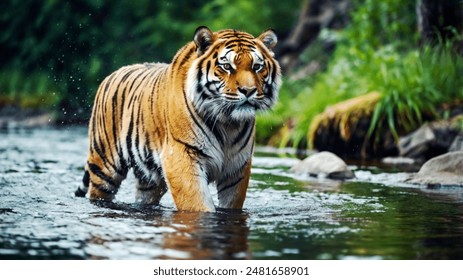 Amur tiger walking in the water. Dangerous animal, taiga, Russia. Animal in green forest stream. Grey stone, river droplet. Wild cat in nature habitat. - Powered by Shutterstock