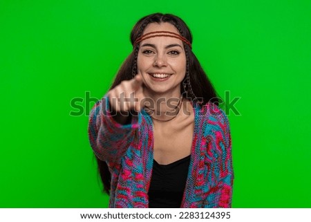 Amused hippie woman pointing finger to camera, laughing out loud, taunting making fun of ridiculous appearance, funny joke anecdote. Pretty girl isolated alone on chroma key background, green screen