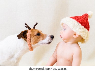 Amusing Santa Claus meets funny reindeer. Concept for 2018 year of Yellow Earth Dog