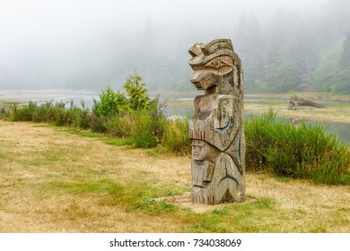 Anacla BC CANADA August 7, 2017: First Nations Totem Pole Located In Huu-ay-aht First Nations Community Of Anacla Near Pachena River