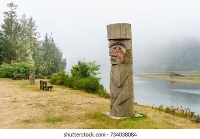 Anacla BC CANADA August 7, 2017: First Nations Totem Pole Located In Huu-ay-aht First Nations Community Of Anacla Near Pachena River