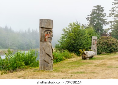 Anacla BC CANADA August 7, 2017: First Nations Totem Pole Located In Huu-ay-aht First Nations Community Of Anacla Near Pachena River