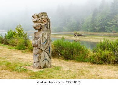 Anacla BC CANADA August 7, 2017: First Nations Totem Pole Located In Huu-ay-aht First Nations Community Of Anacla Near Pachena River