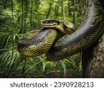 Anaconda snake on a tree in forest 