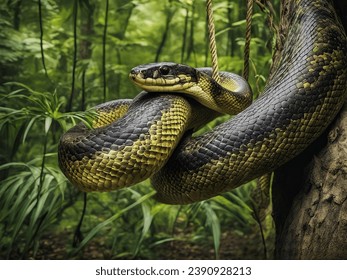 Anaconda snake on a tree in forest 