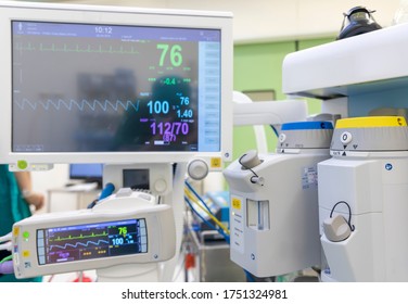 Anaesthetic Machine and Patient Monitoring System inside modern operating room. Anaesthesia Workstation with the Ventilation Breathing and Gas Scavenging Systems Medical Equipment in close up.