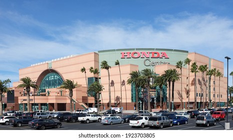 ANAHEIM, CA, FEBRUARY 11, 2015: The Honda Center in Anaheim, California. The arena is home to the Anaheim Ducks of the National Hockey League and the Los Angeles Kiss of the Arena Football League.